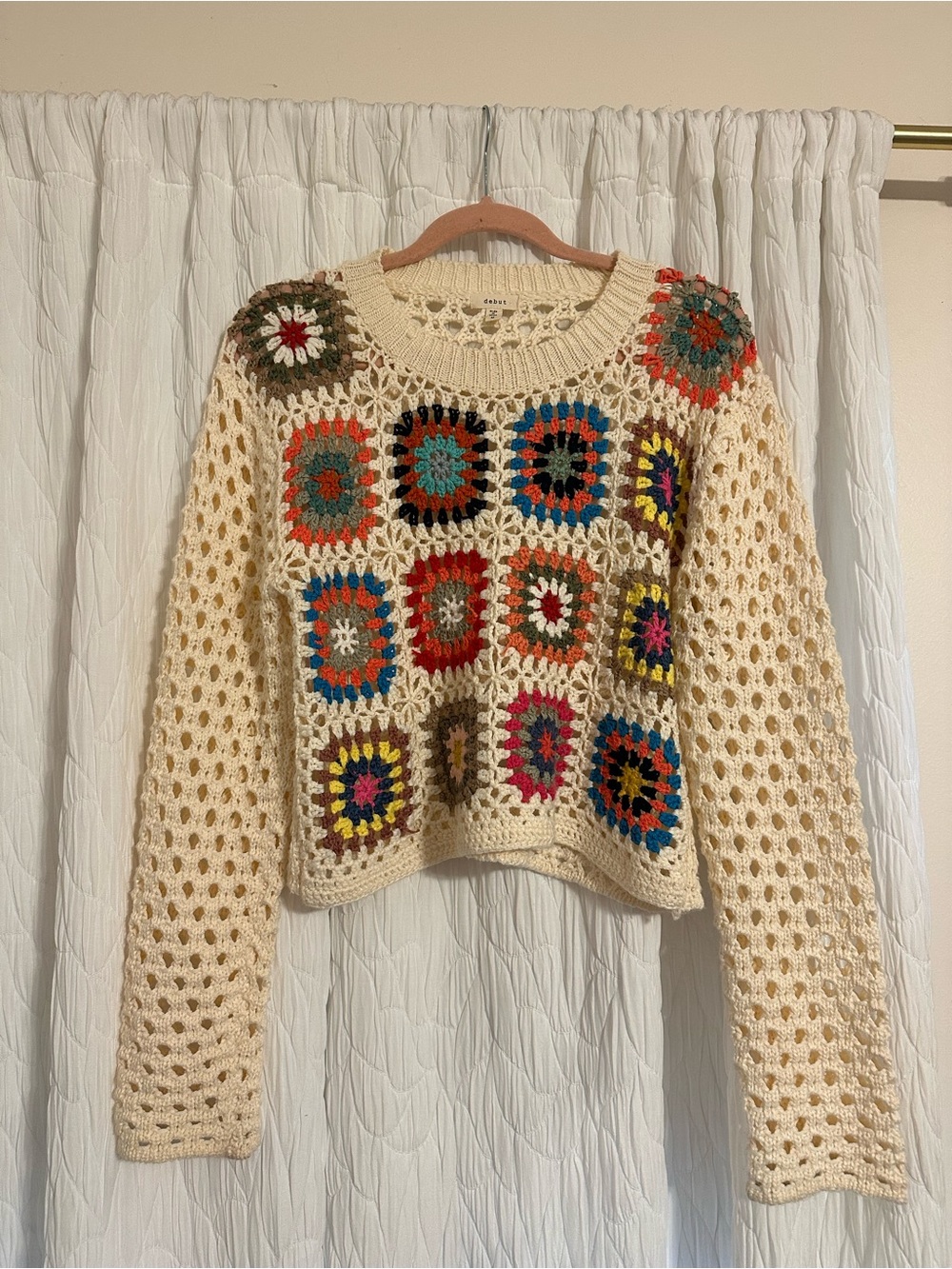 debut Cream Crochet Granny Square Sweater with Multicolor Accents